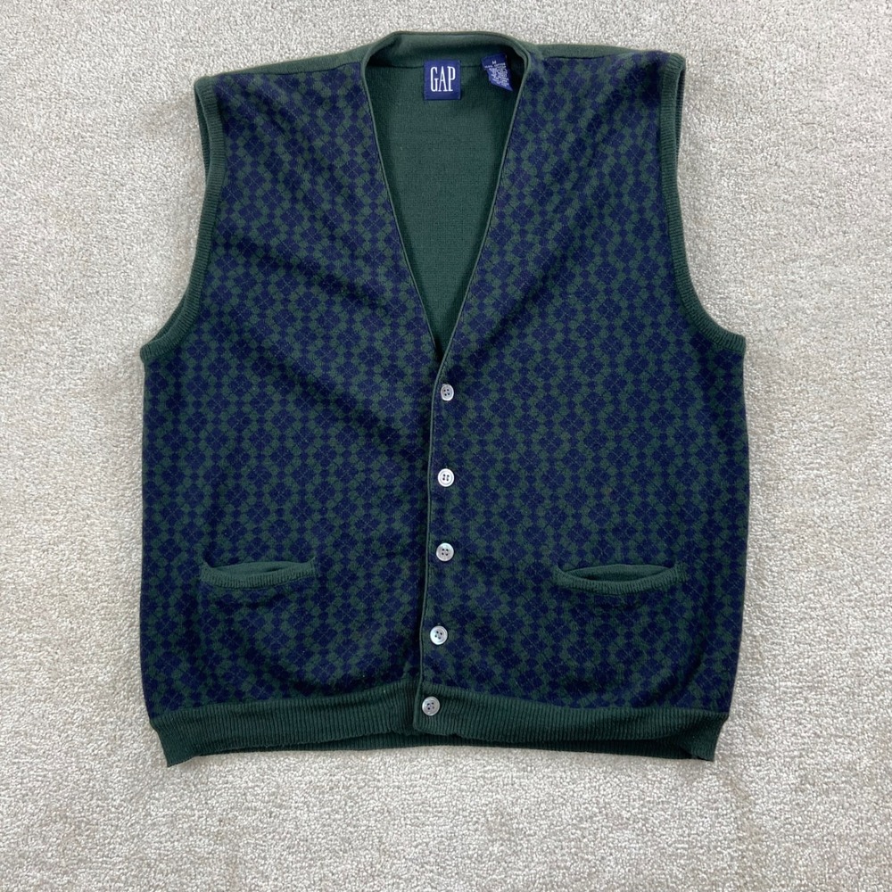 GAP Sweater Vest Mens M Green Navy Blue Argyle Diamond Button Front Cotton 6074